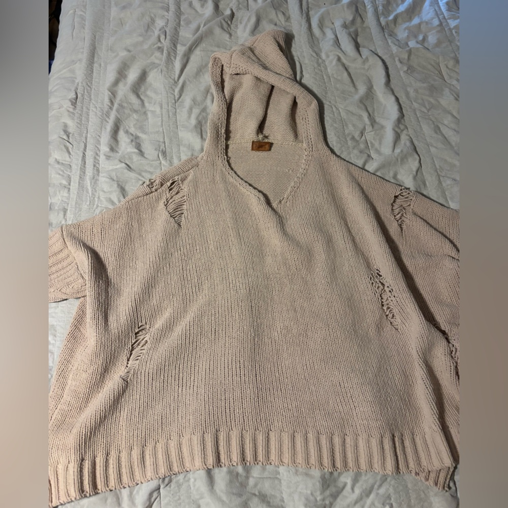 POL Cream V-Neck Hooded Knit Sweater